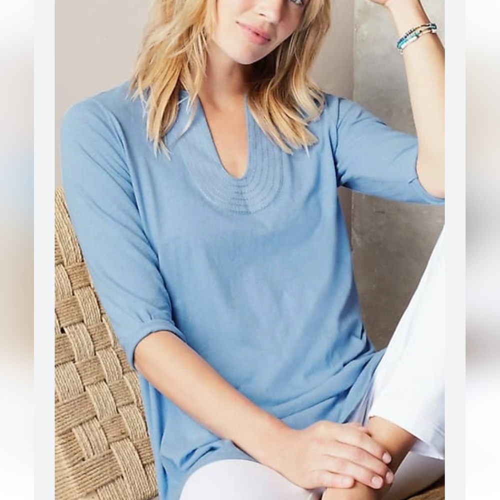 Ladies NWT Pure Jill Trapunto Tunic SEA BREEZE BLUE PL Cotton/Linen Blend